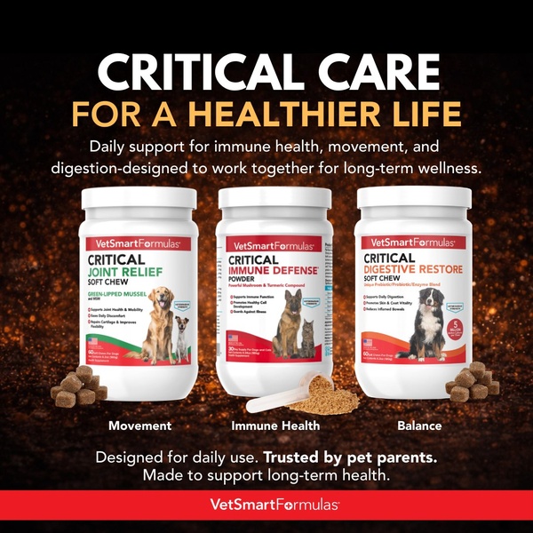 A high-clarity 1:1 square ad showcasing three distinct pet supplement products with clear benefit-led labeling for joint, immune, and digestive support.